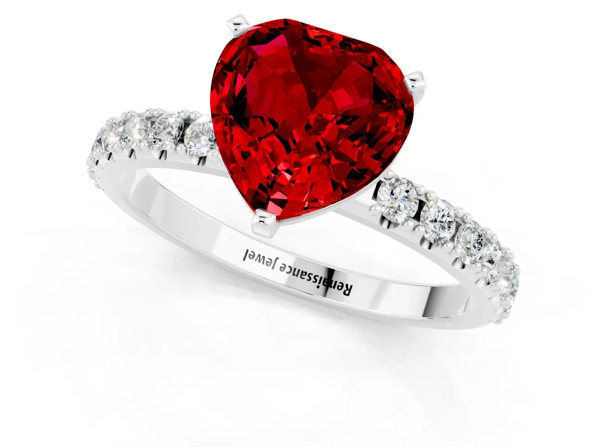 Heart Cut Ruby Solitaire Pavé Band with Four-Prong Setting Platinum