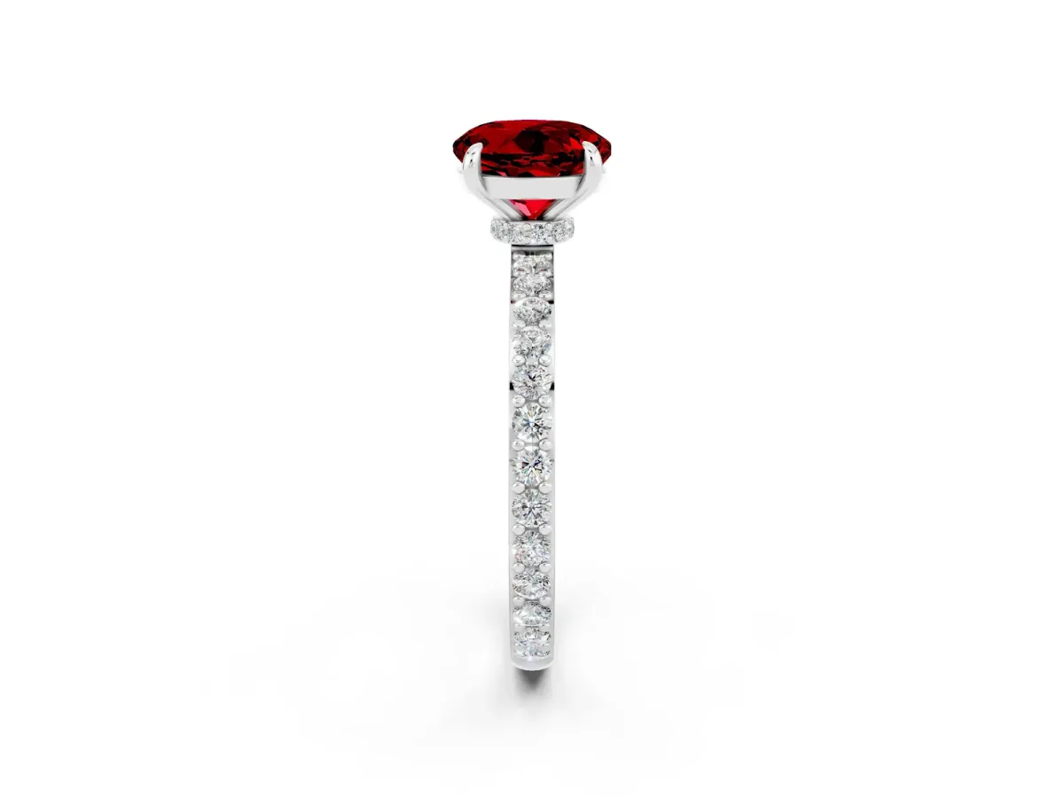 Round Cut Ruby Solitaire Engagement Ring with Pavé Band and Four-Prong Setting Platinum