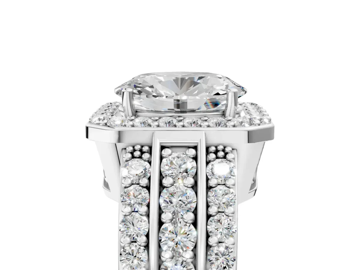 Oval Cut Halo Diamond Ring with Round Split Shank and Prong Setting Silver