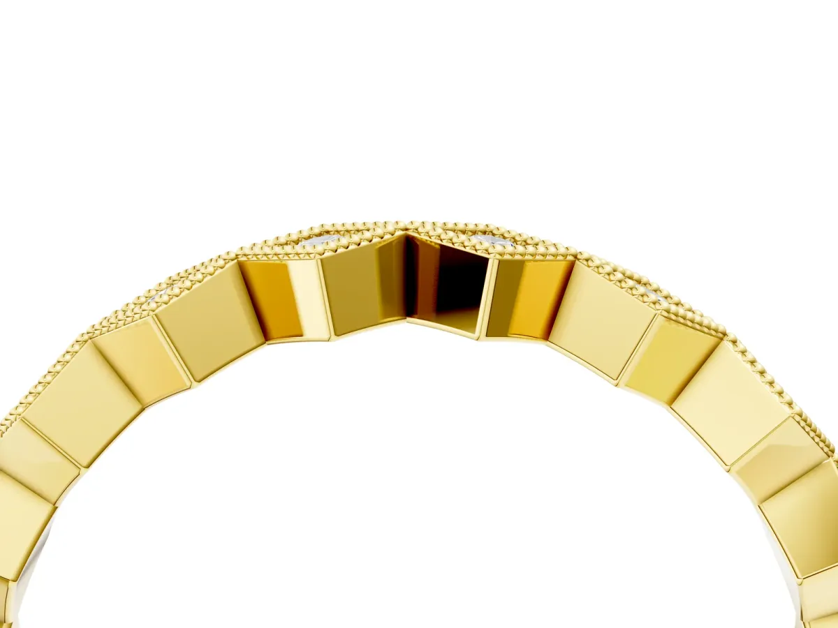 Milgrain Diamond Geometric Stackable Band with Round Cut Stones and Bezel Setting Yellow gold
