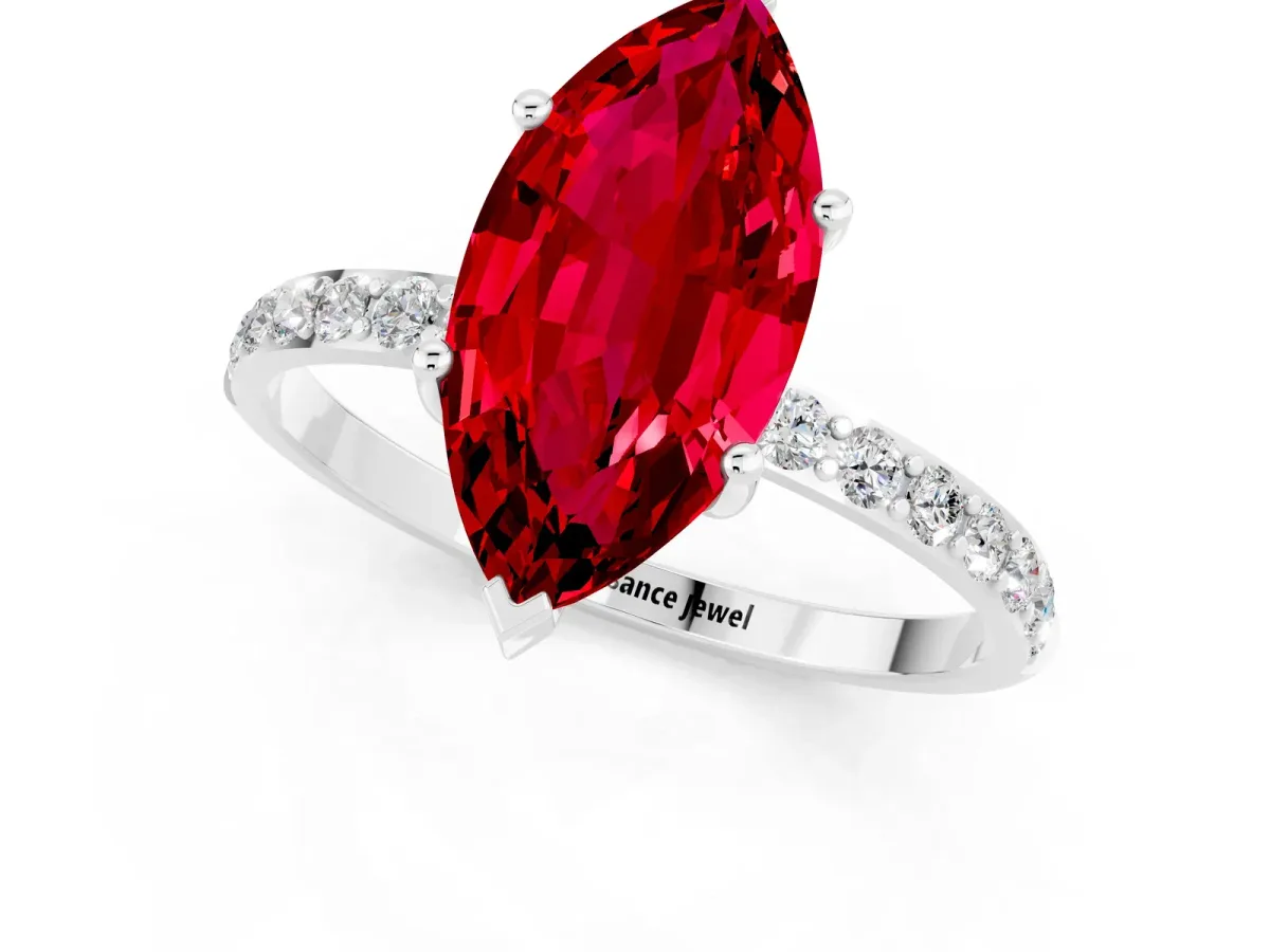 Marquise Cut Ruby Solitaire Ring with Round Pavé Band and Prong Setting Platinum