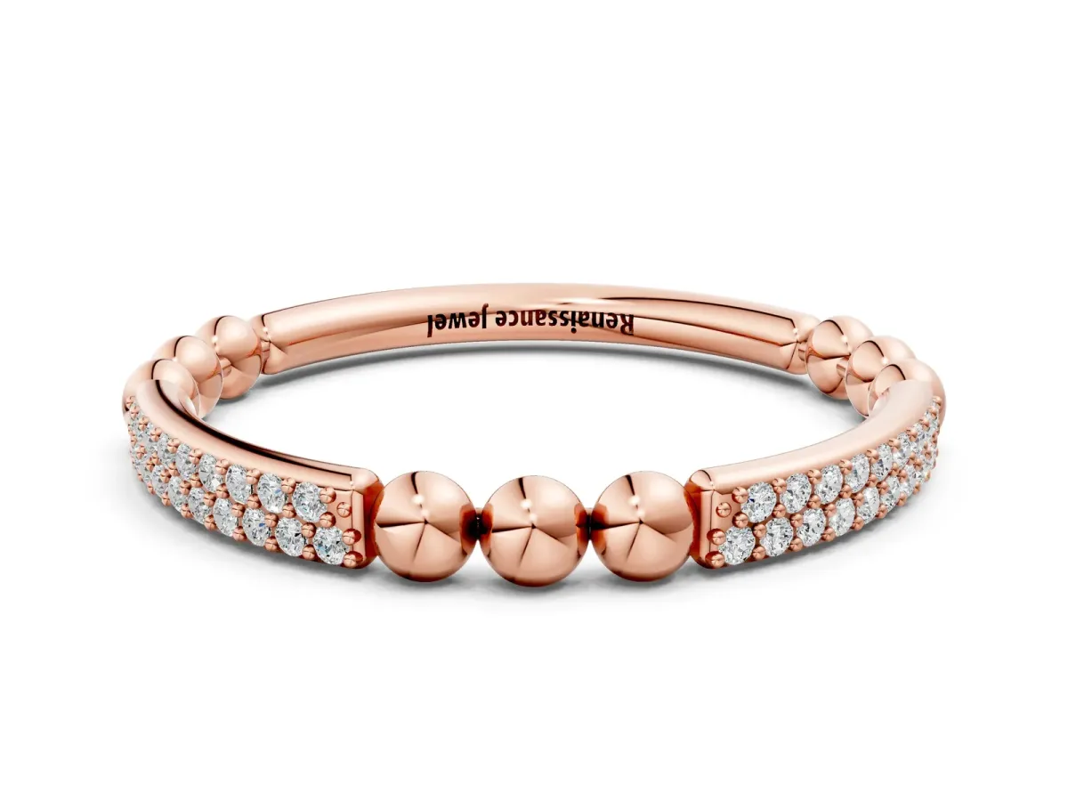 Pave Round Diamond Beaded Band with Shared Prong Setting Rose gold