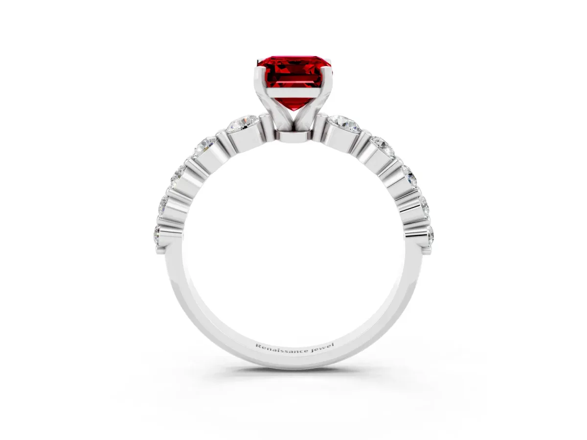 Emerald Cut Solitaire Ruby Ring with Pave Band and Four-Prong Setting White gold