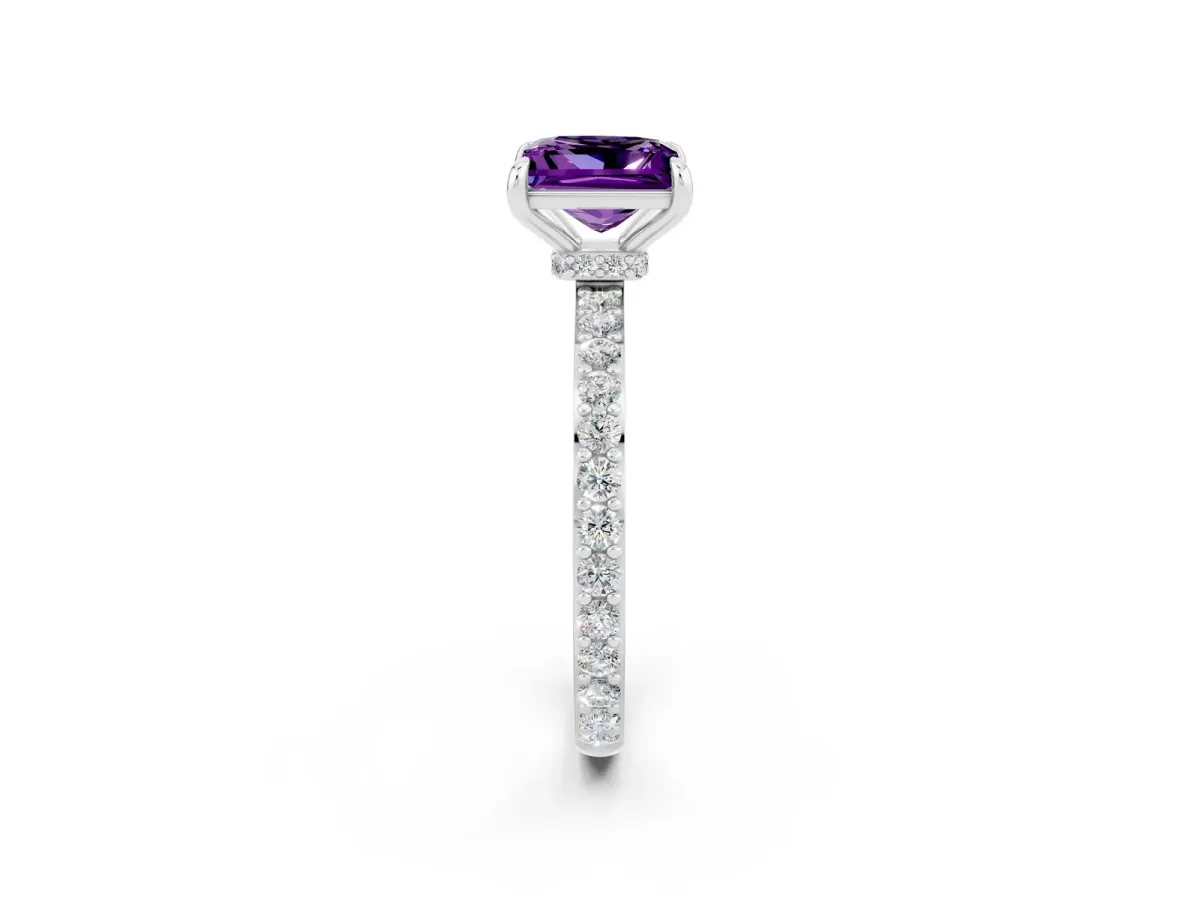 Princess Cut Amethyst Solitaire Engagement Ring with Pavé Band and Four-Prong Setting White gold