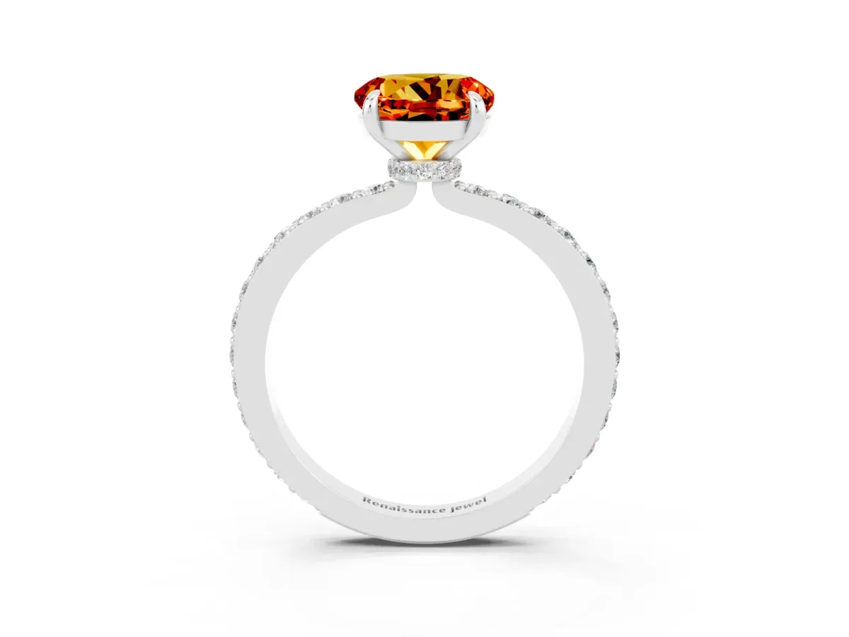 Round Cut Citrine Solitaire Engagement Ring with Pavé Band and Four-Prong Setting Silver