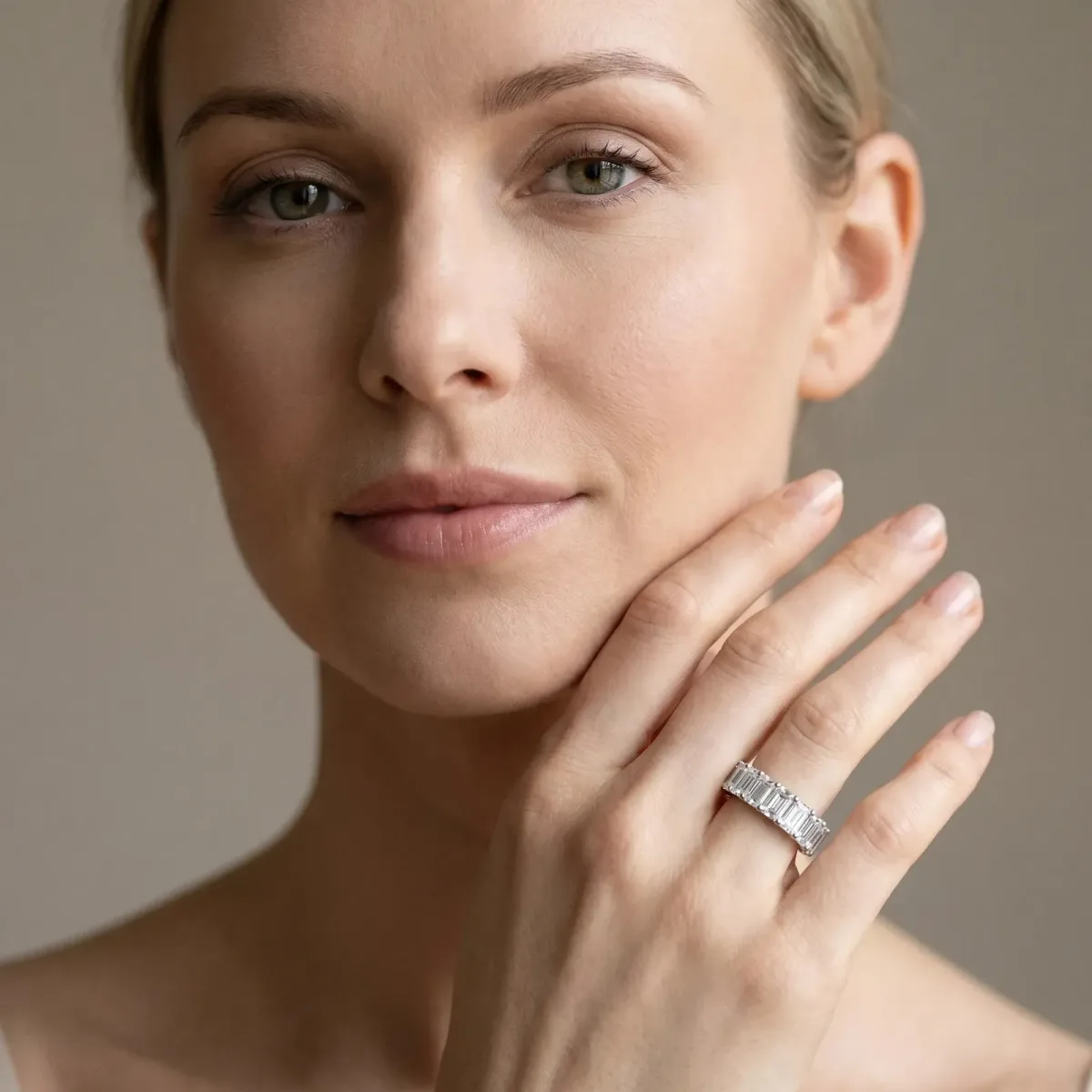Emerald Cut Diamond Eternity Band with Shared Prong Setting Platinum
