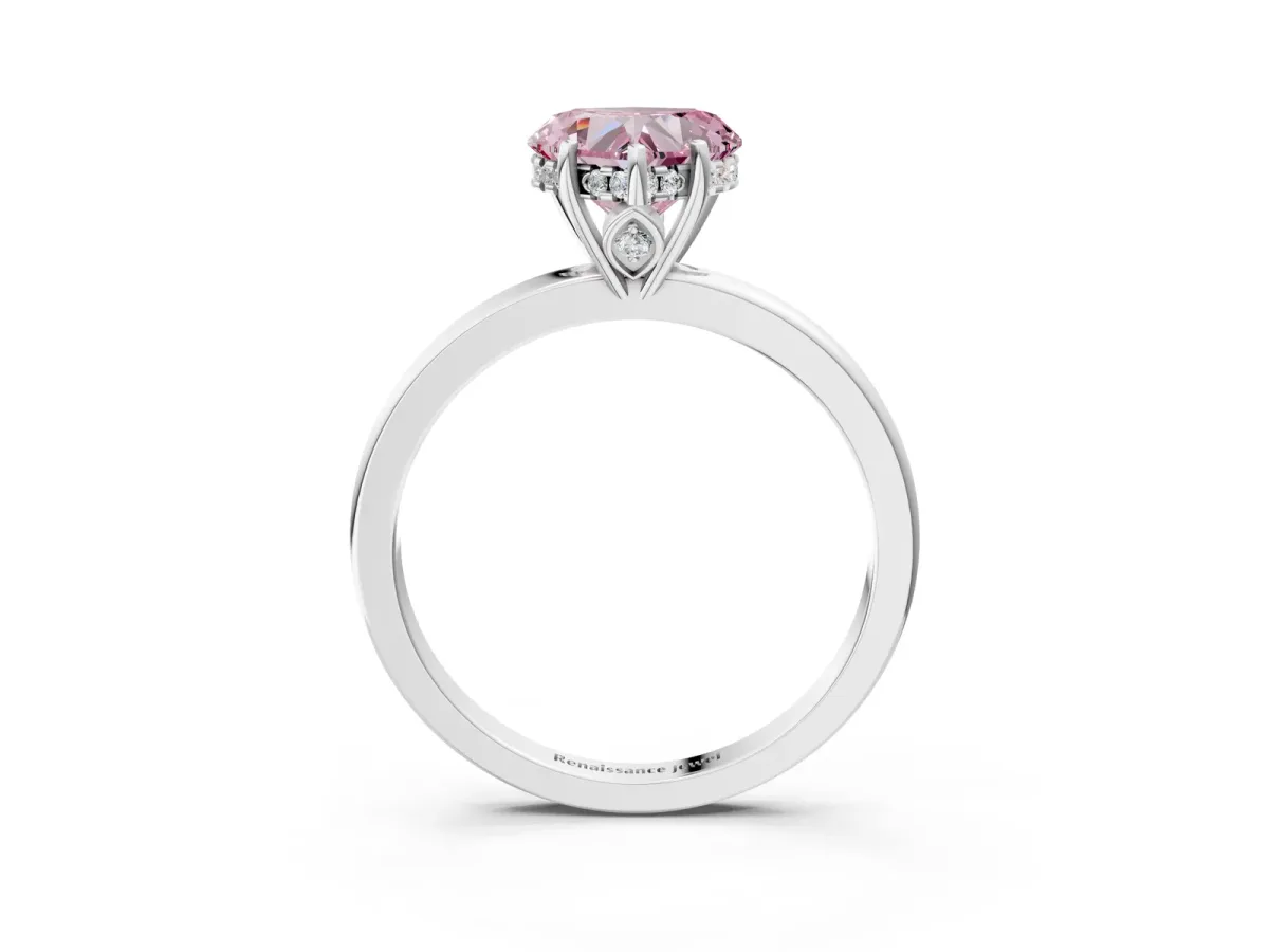 Fancy Pink Heart Cut Solitaire Diamond Ring with Prong Setting and Plain Band Silver
