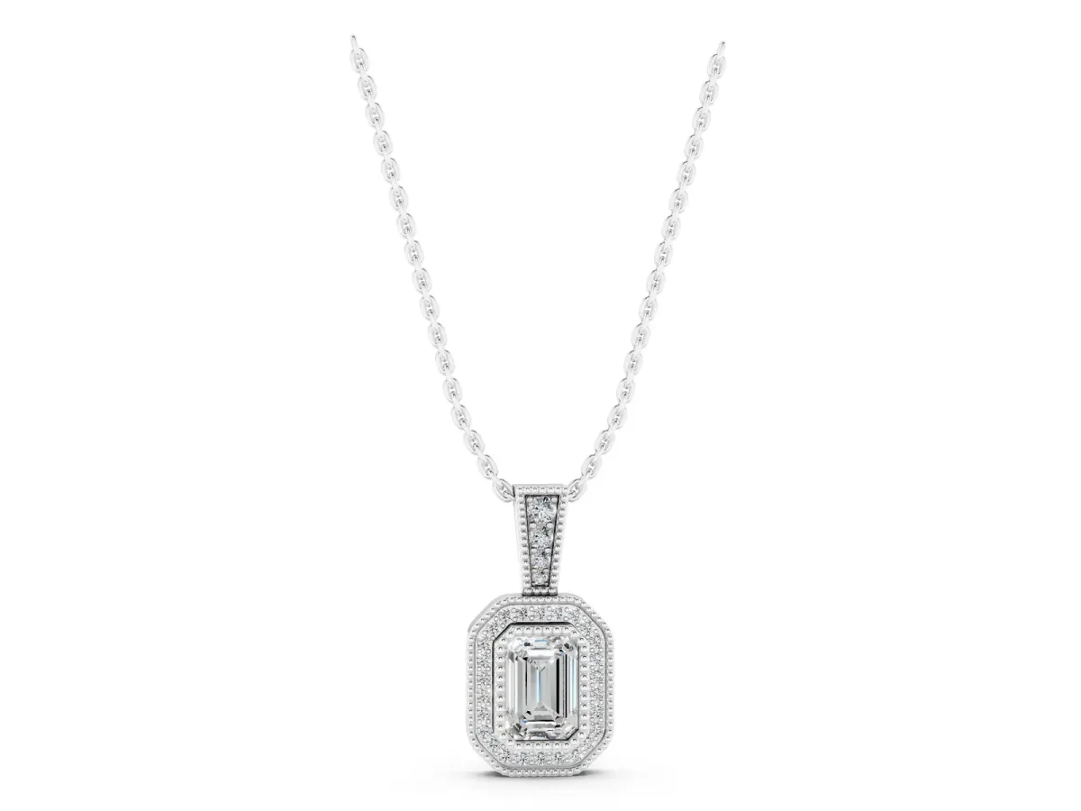 Emerald Cut Halo Diamond Pendant with Pavé Setting White gold