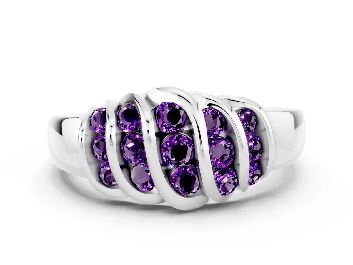 Round Amethyst Multi-Row Crossover Band Silver