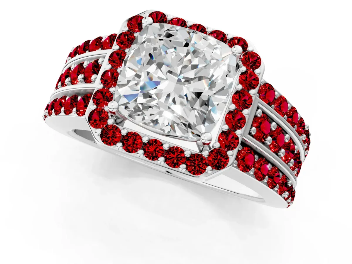 Cushion Cut Halo Diamond Ring with Round Ruby Split Shank and Prong Setting White gold