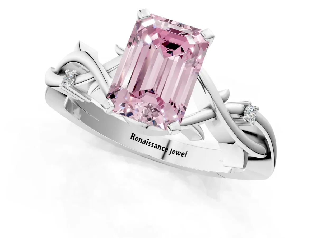 Fancy Pink Emerald Cut Diamond Solitaire Ring with Twisted Band and Prong Setting Silver