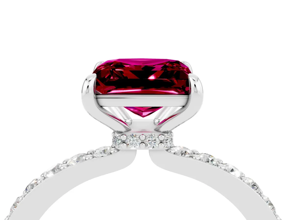 Princess Cut Garnet Solitaire Engagement Ring with Pavé Band and Four-Prong Setting White gold