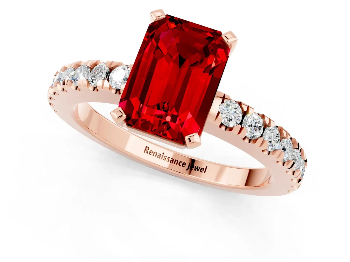 Emerald Cut Solitaire Ruby with Pavé Band and Four-Prong Setting Rose gold