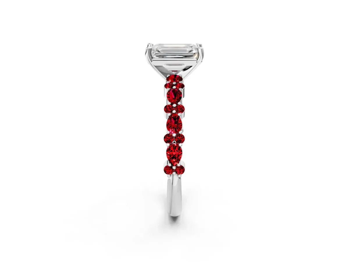 Emerald Cut Diamond Side Stone Solitaire Ring with Round Ruby and Four-Prong Setting Silver