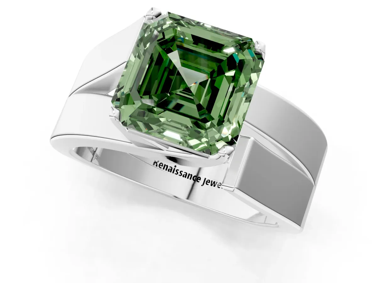 Fancy Green Modern Tension Set Asscher Cut Diamond Solitaire Wide Band Ring Platinum