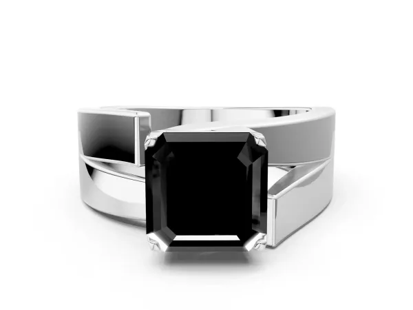 Fancy Black Modern Tension Set Asscher Cut Diamond Solitaire Wide Band Ring Platinum