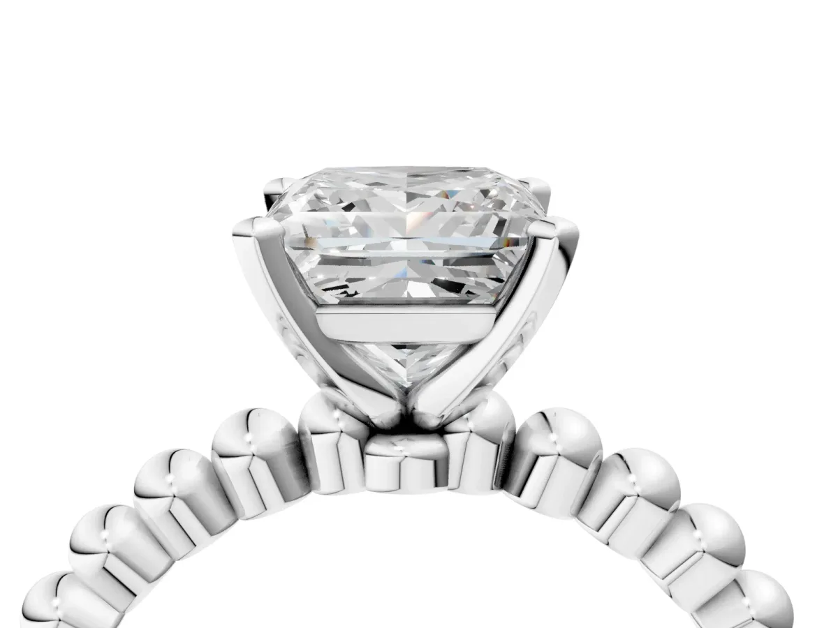 Princess Cut Diamond Solitaire Ring with Beaded Band and Prong Setting Silver