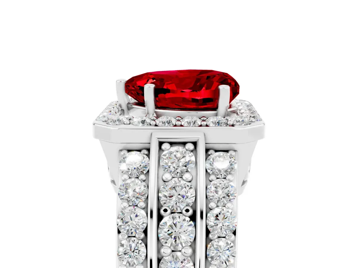 Heart Cut Halo Ruby Ring with Round Split Shank and Prong Setting White gold