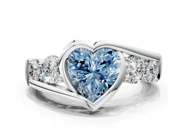 Fancy Blue Bezel Set Heart Cut Diamond Bypass Ring with Round Accents Platinum