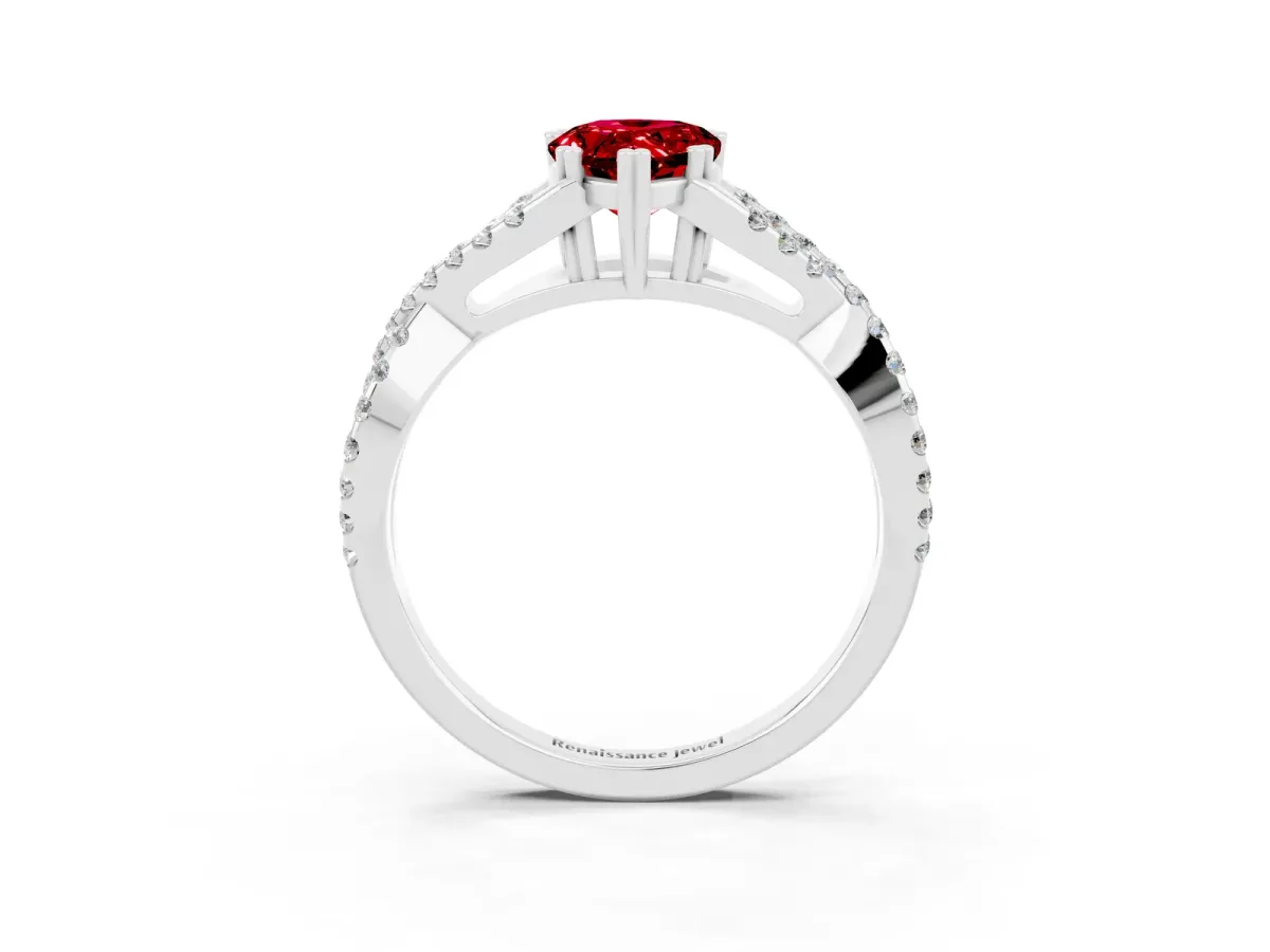 Pear Cut Ruby Solitaire Ring with Four-Prong Setting and Twisted Pavé Band Platinum