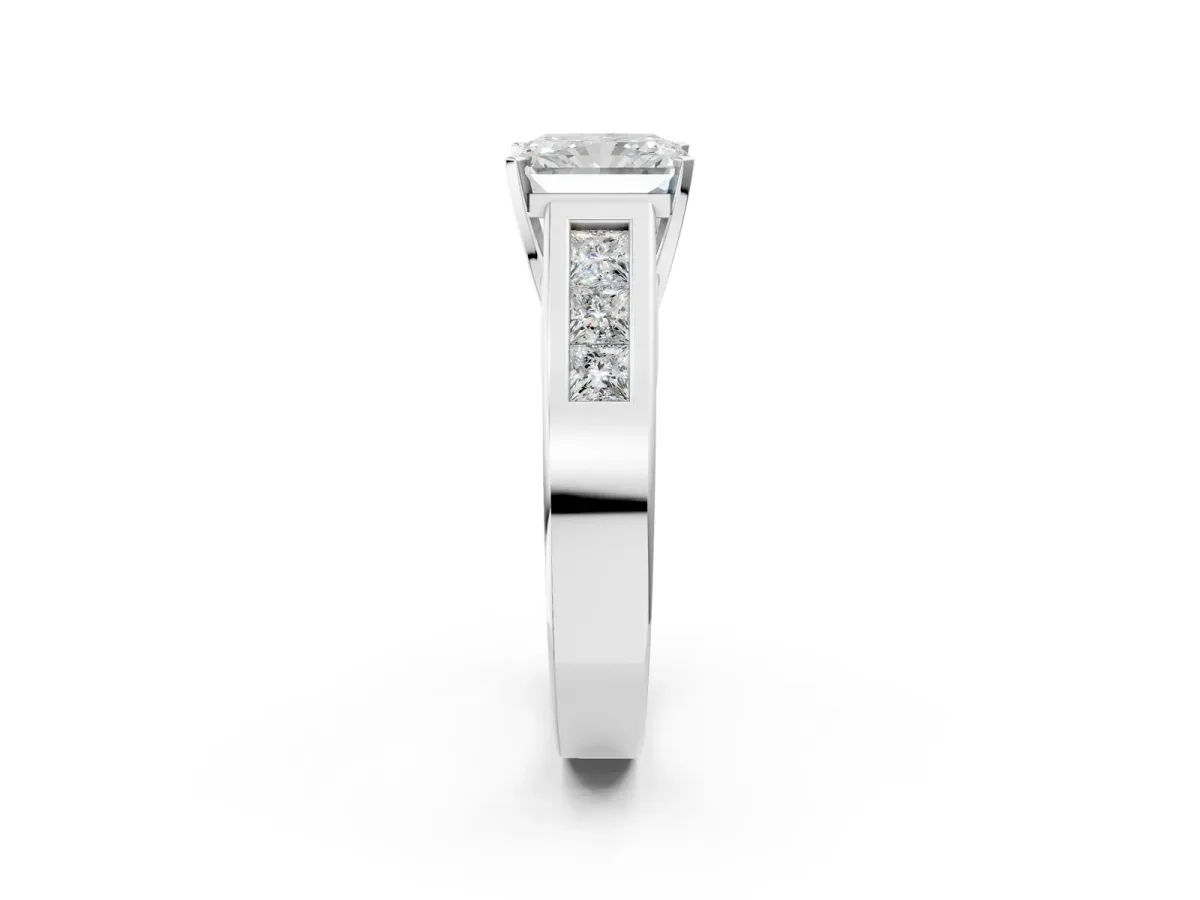 Radiant Cut Cut Channel Set Solitaire Ring with Four-Prong Setting Platinum