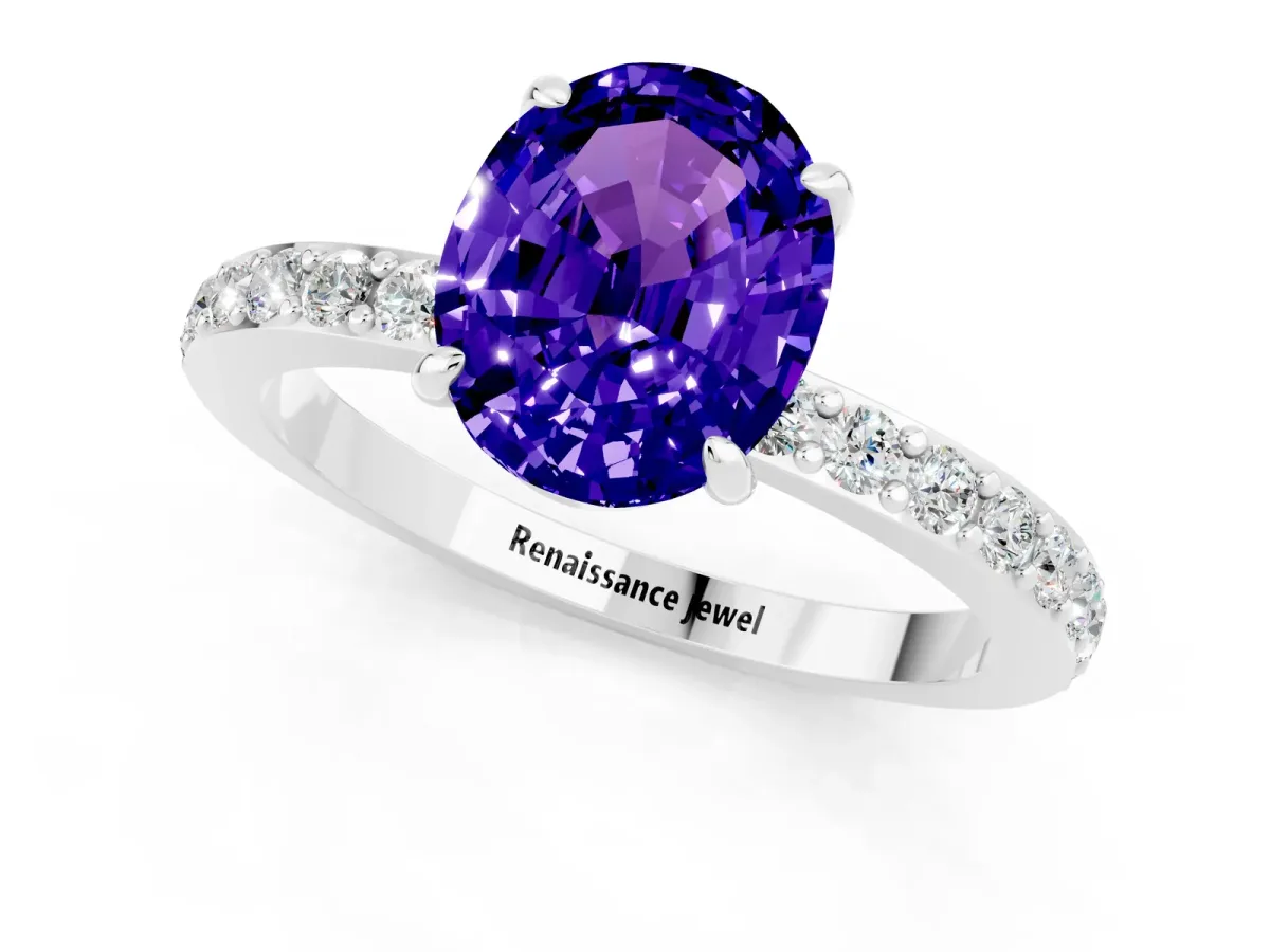 Oval Cut Tanzanite Solitaire Engagement Ring with Pavé Band and Four-Prong Setting Platinum