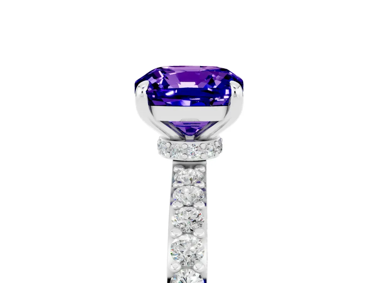 Cushion Cut Tanzanite Solitaire Engagement Ring with Pavé Band and Four-Prong Setting White gold