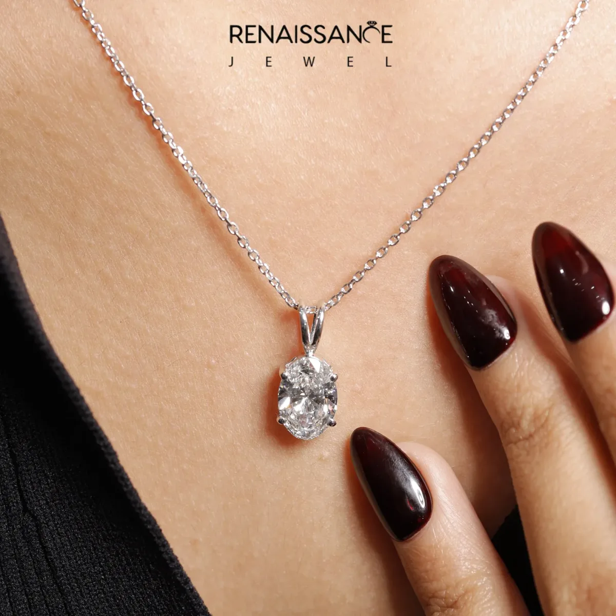 Oval Solitaire Diamond Prong Pendant Silver