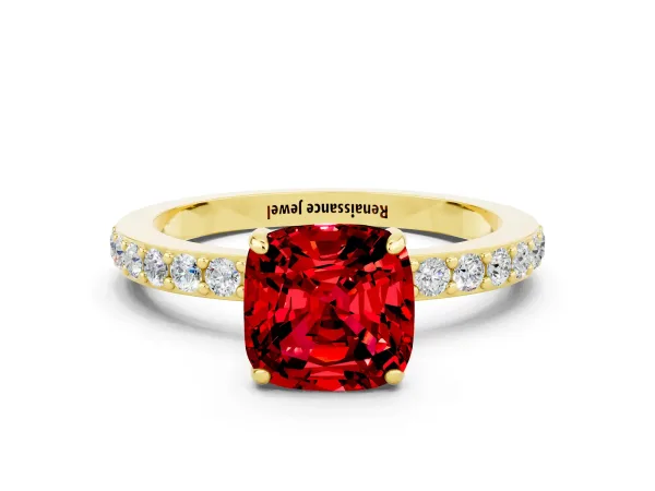 Cushion Cut Ruby Solitaire Engagement Ring with Pavé Band and Four-Prong Setting Yellow gold