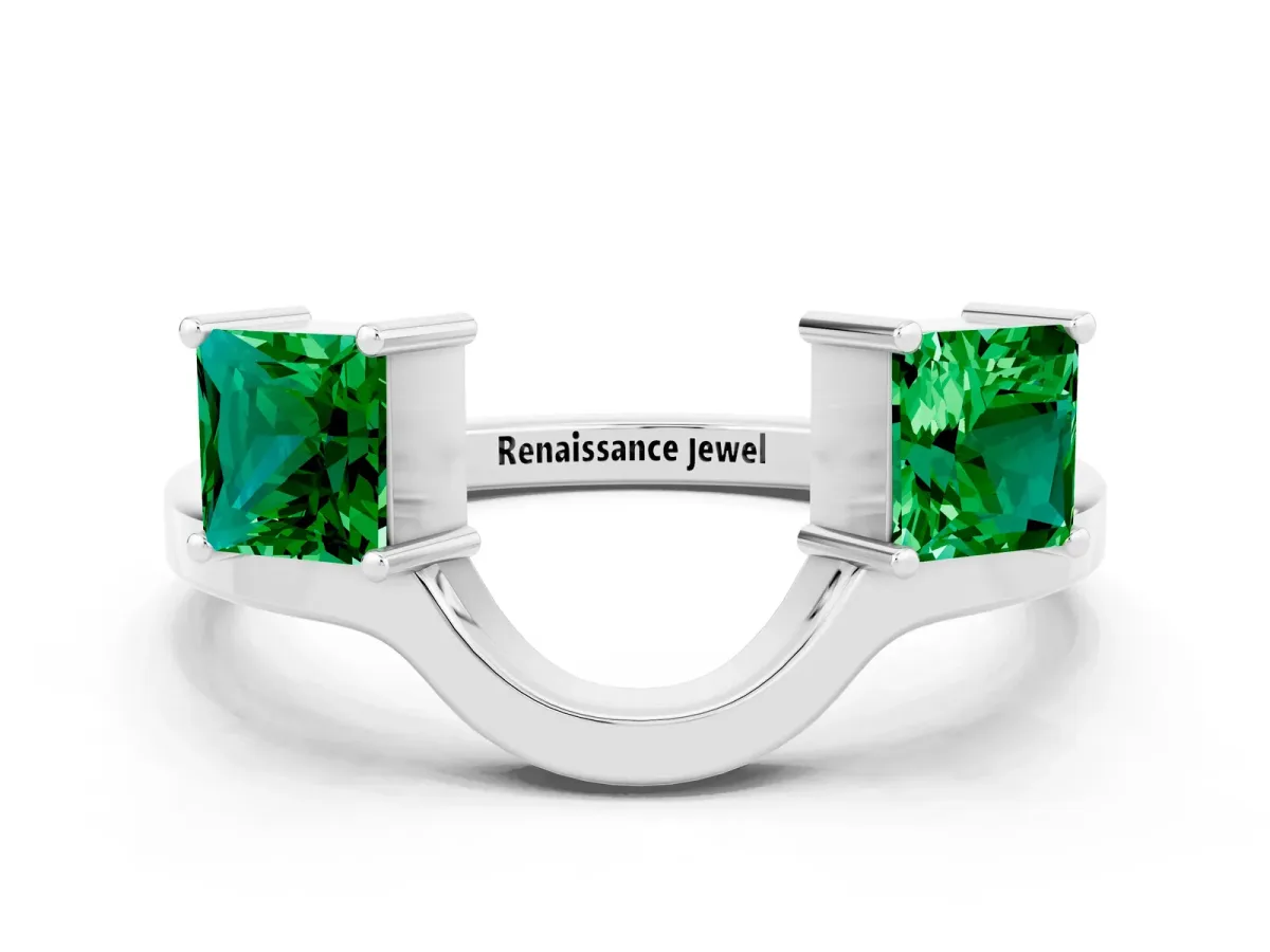 Princess Cut Emerald Two-Stone Open Band Ring with Four-Prong Setting Silver