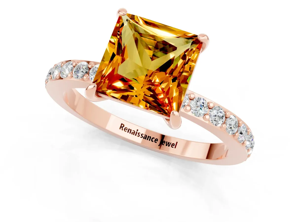 Princess Cut Citrine Solitaire Engagement Ring with Pavé Band and Four-Prong Setting Rose gold