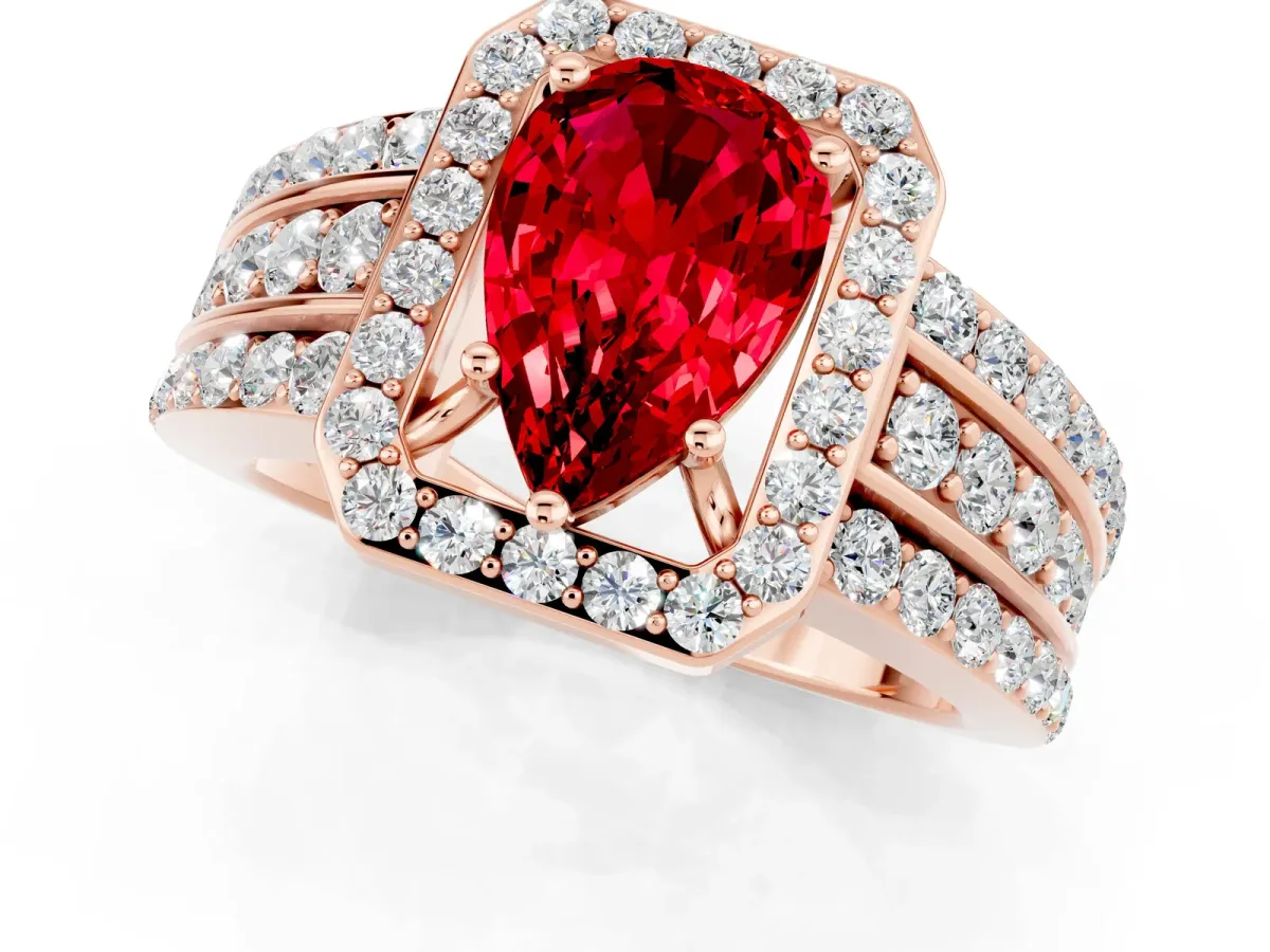 Pear Cut Halo Ruby Ring with Round Split Shank and Prong Setting Rose gold