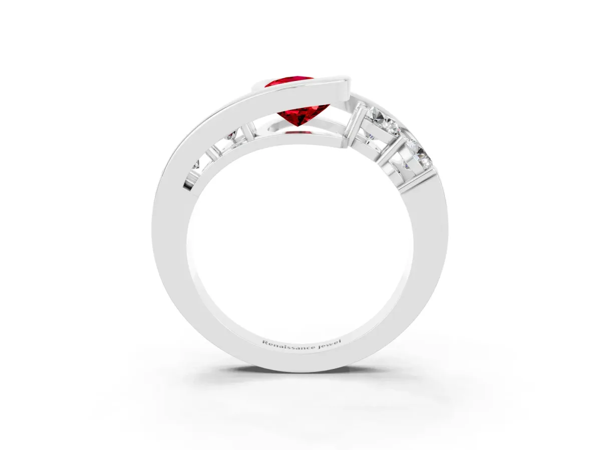 Bezel Set Pear Cut Ruby Bypass Ring with Round Accents Platinum
