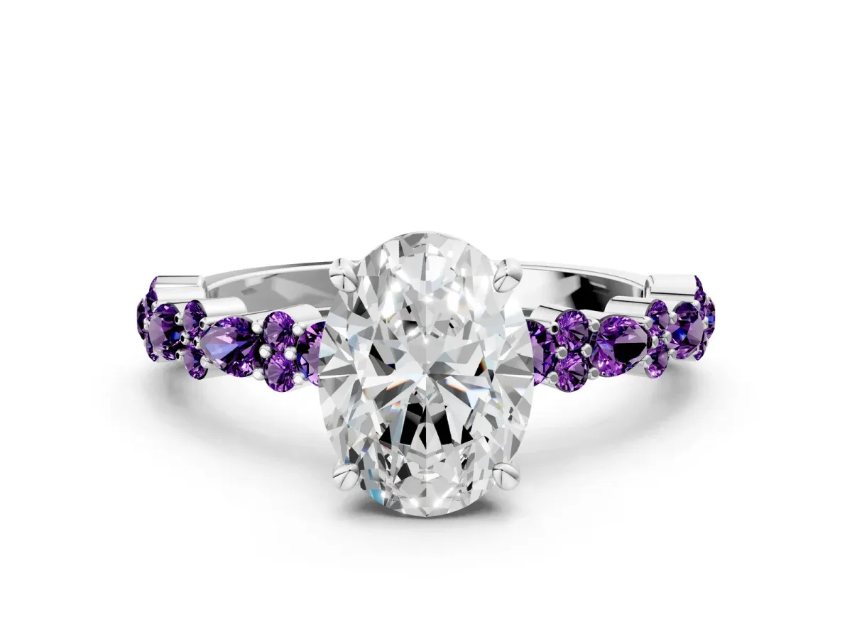 Oval Cut Diamond Side Stone Solitaire Ring with Round Amethyst and Four-Prong Setting Silver