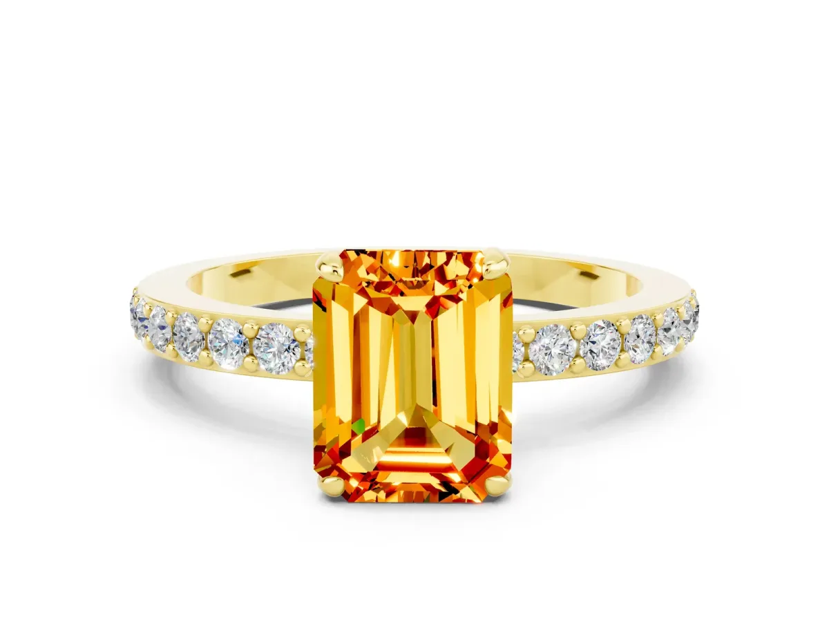 Emerald Cut Citrine Solitaire Engagement Ring with Pavé Band and Four-Prong Setting Yellow gold