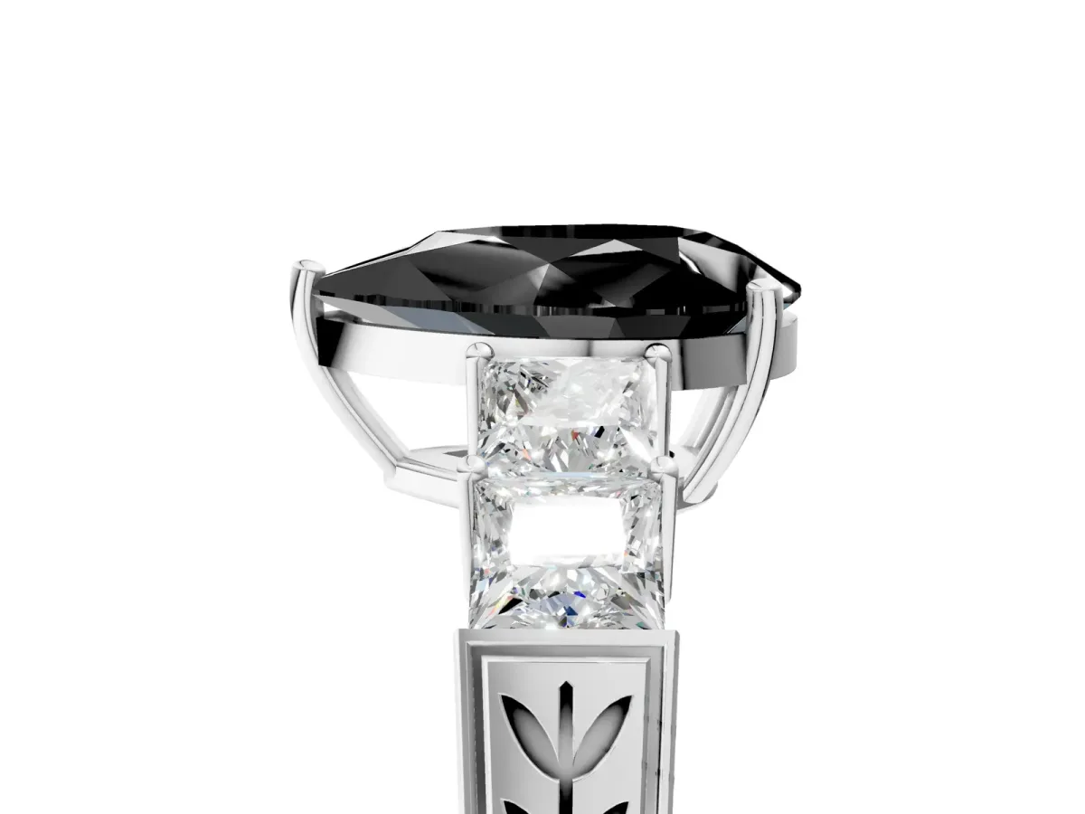Fancy Black Pear Cut Solitaire Princess Side Stone Engraved Band Prong Setting Ring Silver
