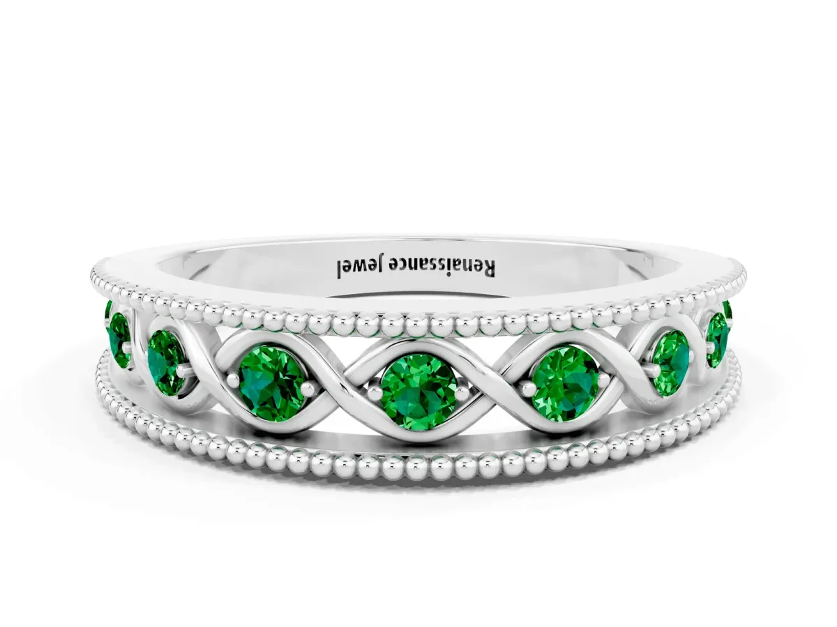 Round Emerald Twist Milgrain Band with Bezel Setting Silver