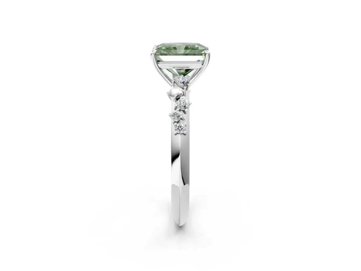 Fancy Green Radiant Cut Diamond Cluster Side Stone Solitaire Ring with Prong Setting Platinum