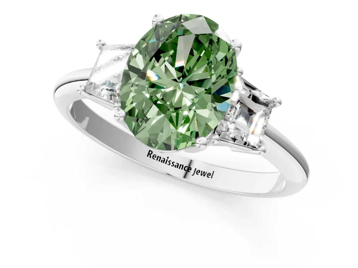 Fancy Green Oval Cut Diamond Three-Stone Ring with Trapezoid Side Stones and Prong Setting Silver