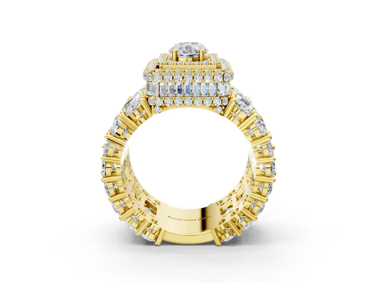 Oval Diamond Halo Mens Ring with Baguette Side Stones Yellow gold
