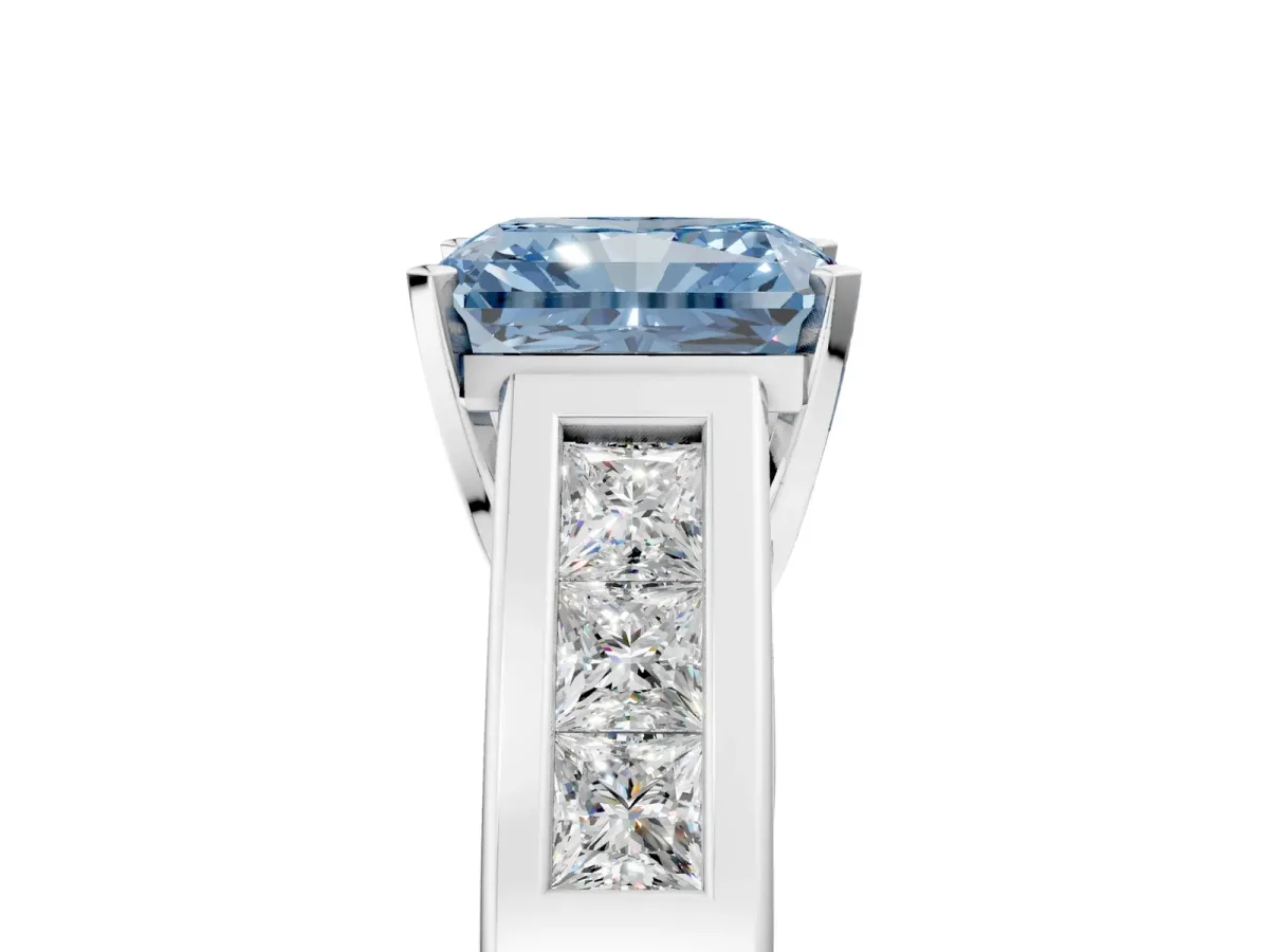 Fancy Blue Radiant Cut Cut Channel Set Solitaire Ring with Four-Prong Setting Silver