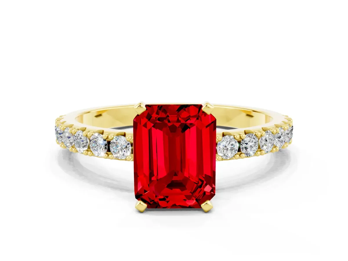 Emerald Cut Ruby Solitaire Pavé Band with Four-Prong Setting Yellow gold