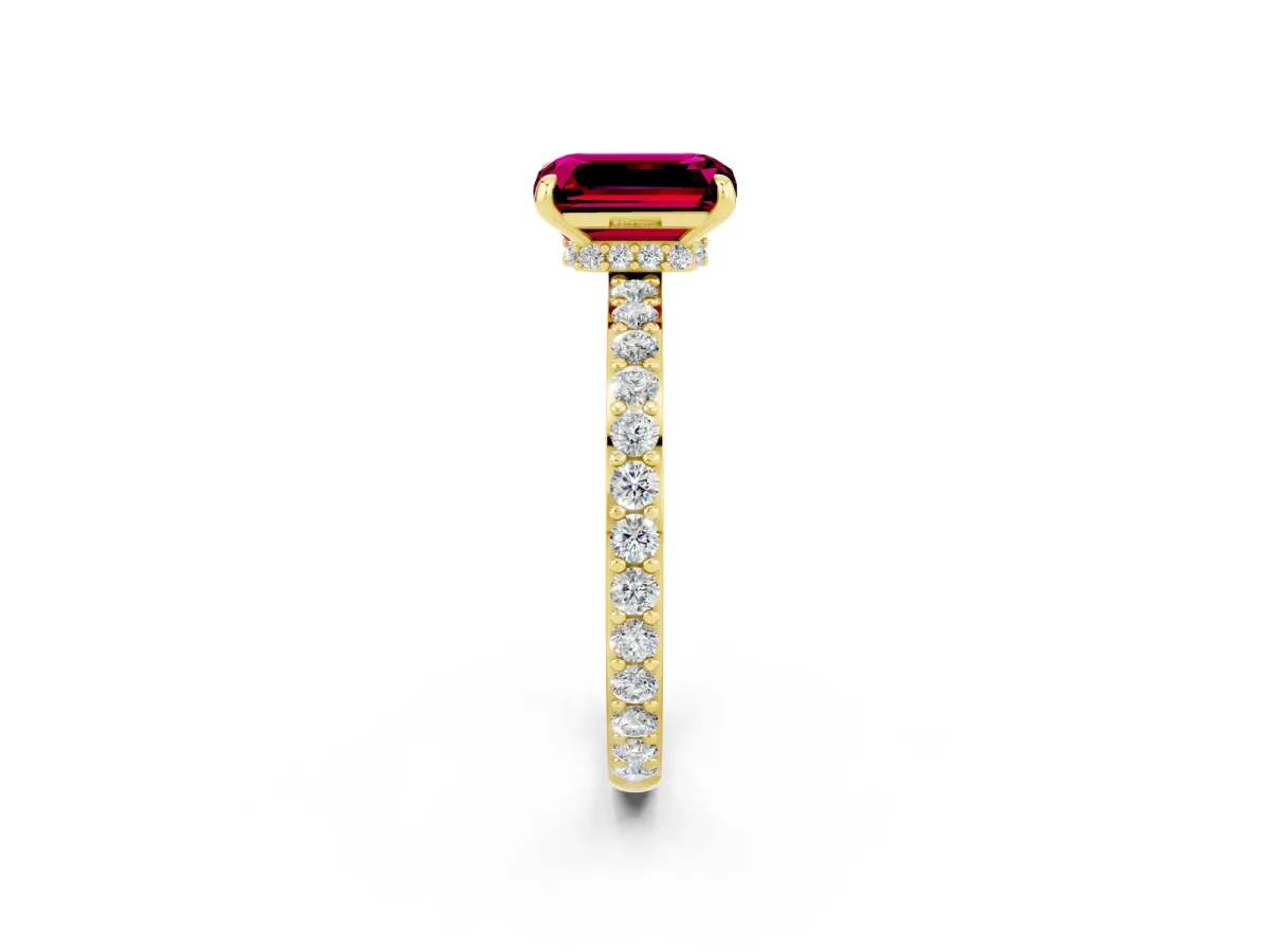 Emerald Cut Garnet Solitaire Engagement Ring with Pavé Band and Four-Prong Setting Yellow gold