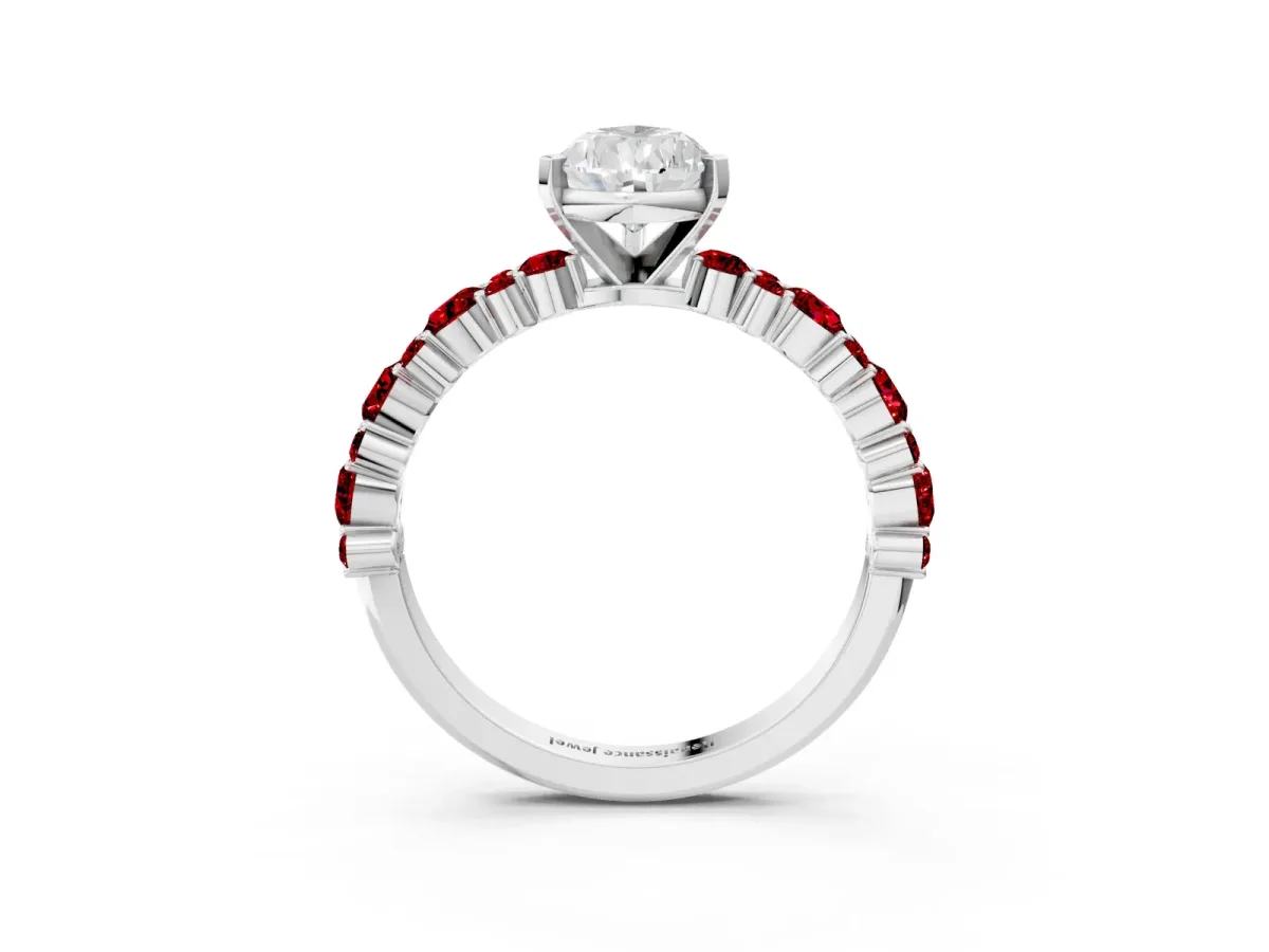 Pear Cut Diamond Side Stone Solitaire Ring with Round Ruby and Four-Prong Setting Silver