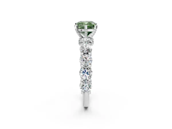 Fancy Green Cushion Cut Diamond Side Stone Engagement Ring with Four-Prong Setting Silver