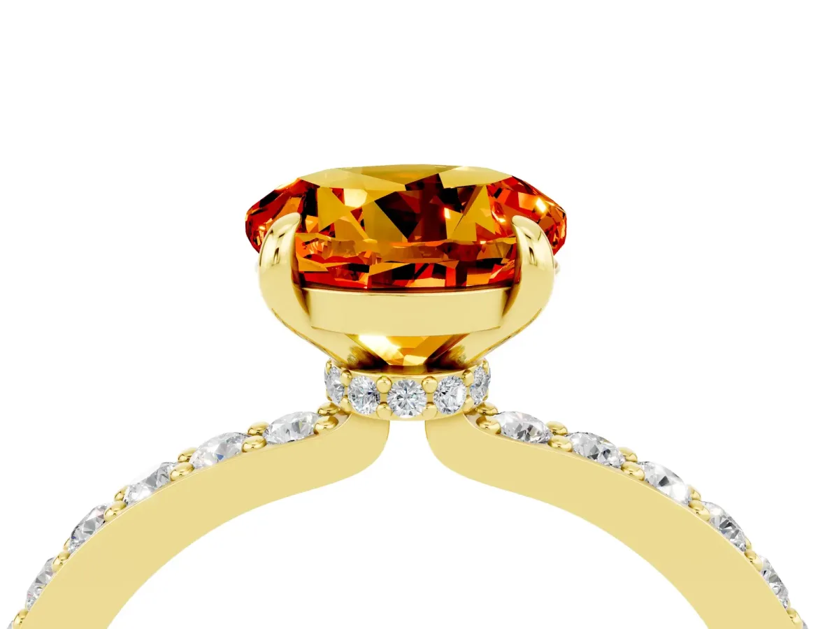 Round Cut Citrine Solitaire Engagement Ring with Pavé Band and Four-Prong Setting Yellow gold