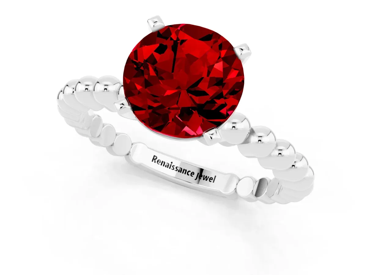 Round Cut Ruby Solitaire Ring with Beaded Band and Prong Setting White gold