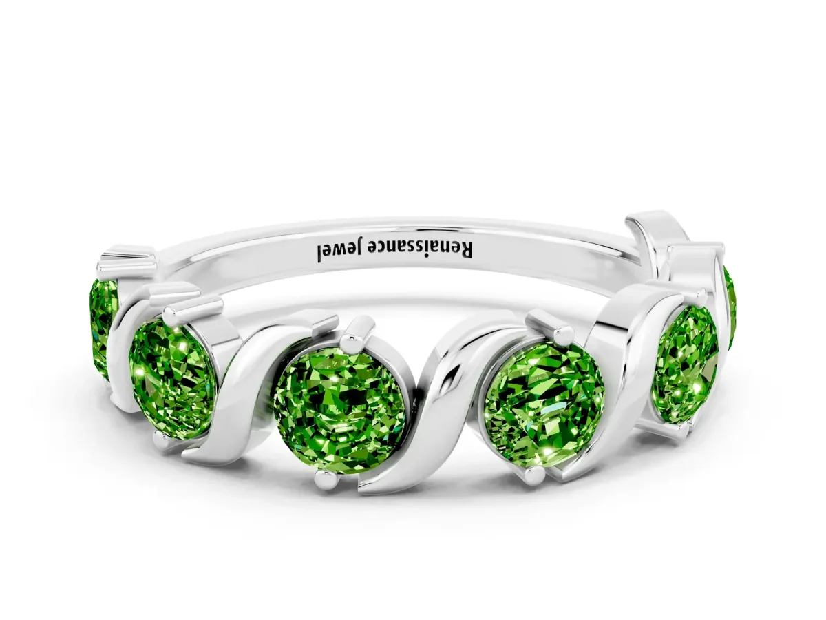 Six-Stone Round Peridot Wave Band with Shared Prong Setting Silver