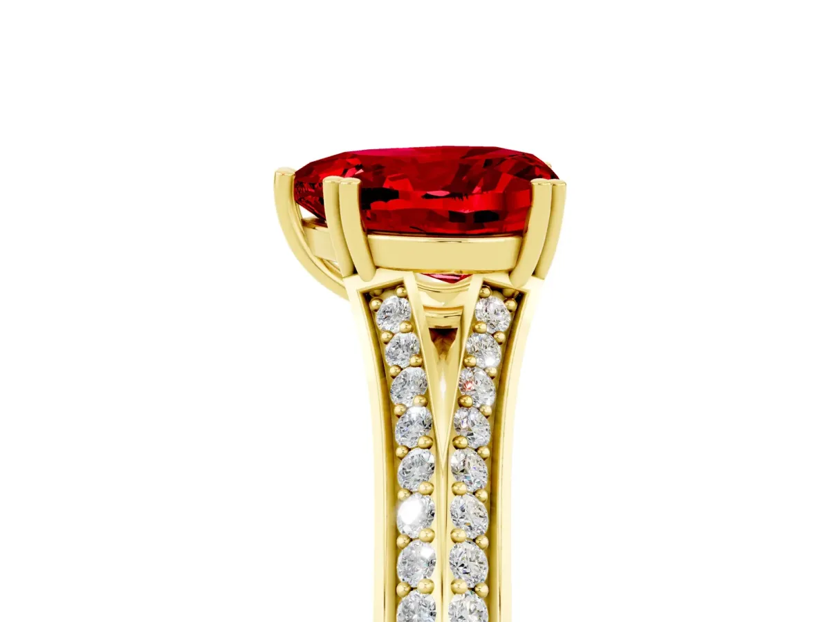 Heart Cut Ruby Split Shank Engagement Ring with Pavé Band Yellow gold