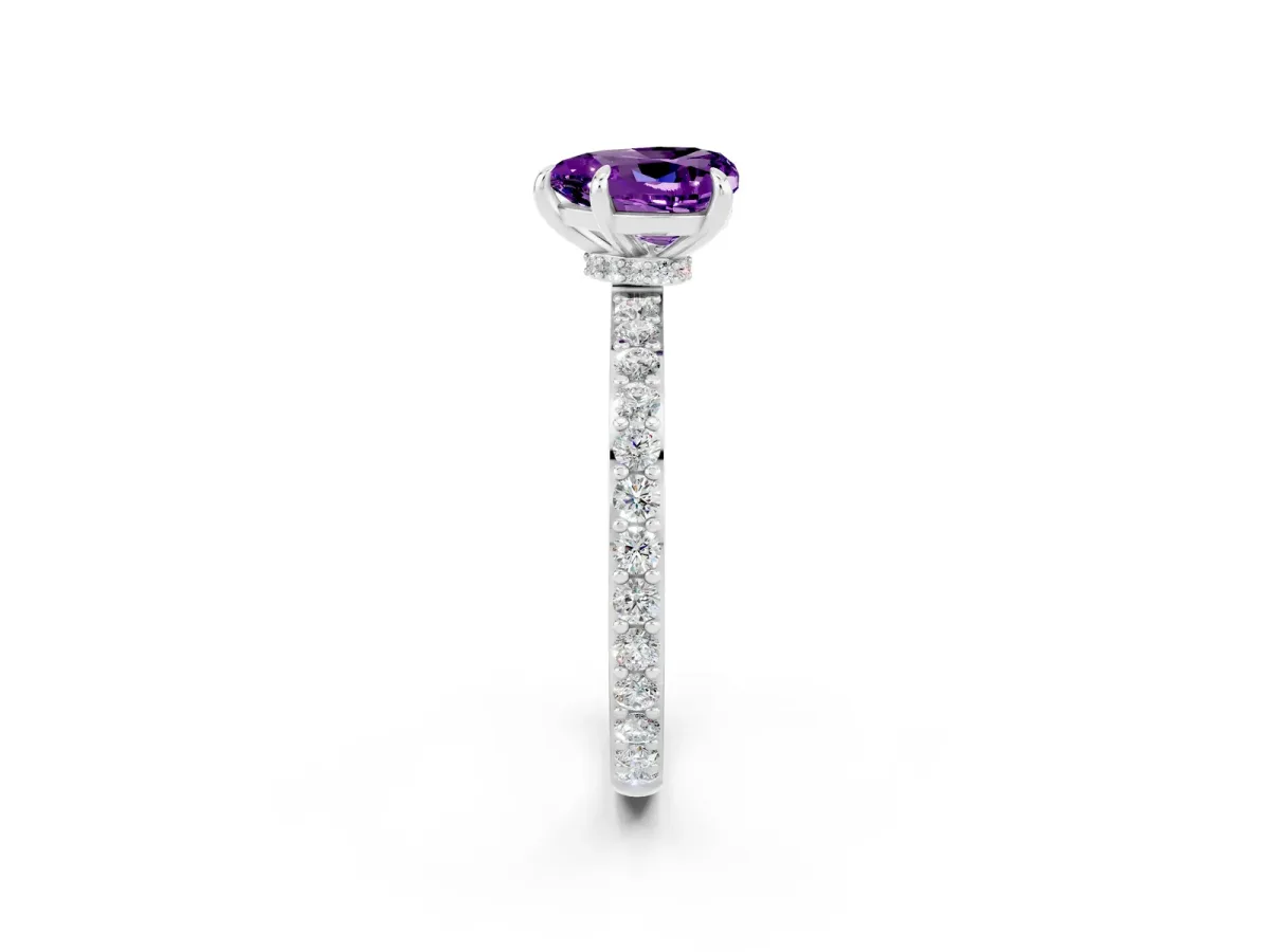 Heart Cut Amethyst Solitaire Engagement Ring with Pavé Band and Four-Prong Setting Platinum